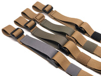 Four Coyote Brown TOIM customizable quick adjust two point slings with a mixutre of ranger green, coyote brown, and black pull tabs, hardware, and elastic keepers
