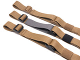 Three Coyote Brown TOIM customizable quick adjust two point slings with a mixutre of ranger green, coyote brown, and black pull tabs, hardware, and elastic keepers