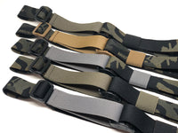 Five Multicam Black TOIM customizable quick adjust two point slings with a mixutre of ranger green, coyote brown, and black pull tabs, hardware, and elastic keepers