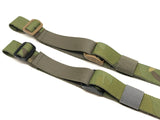 Two Multicam Tropic TOIM customizable quick adjust two point slings with a mixutre of ranger green, coyote brown, and black pull tabs, hardware, and elastic keepers