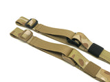 Two Multicam Arid TOIM customizable quick adjust two point slings with a mixutre of ranger green, coyote brown, and black pull tabs, hardware, and elastic keepers