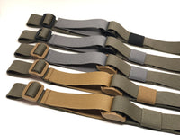 Five Ranger Green TOIM customizable quick adjust two point slings with a mixutre of ranger green, coyote brown, and black pull tabs, hardware, and elastic keepers