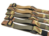 Five Multicam TOIM customizable quick adjust two point slings with a mixutre of ranger green, coyote brown, and black pull tabs, hardware, and elastic keepers