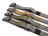 Four Wolf Grey TOIM customizable quick adjust two point slings with a mixutre of ranger green, coyote brown, and black pull tabs, hardware, and elastic keepers