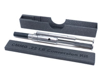 Case for CMMG .22 LR conversion kit bolt open with bolt carrier group next to it