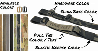 Tail ends of TOIM customizable quick adjust two point sling with text to show which parts can be customized along with all the different colors and patterns available